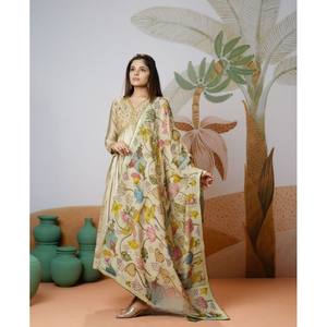 VESTIDO DE TRABAJO BORDADO DE SEDA DE DISEÑADOR CHINON CON DUPATTA BLANCO - Product Image 1