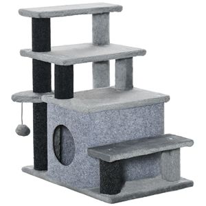 Scaletta per Gatti a 3/4 Gradini Regolabile in Altezza con Tiragraffi, Giocattolo a Sfera per Cuccia, Divano e Sofà, Albero per Gatti e Tiragraffi Grigio - Product Image 1