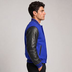 Men's Blue Varsity <b>Jacket</b> Black Leather Sleeves Embroidered <b>Star</b> Front Button Closure Casual Autumn Wear Regular Fit - Product Image 6