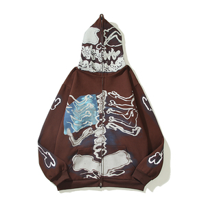 Sudadera con capucha extragrande personalizada con cremallera completa, diseño de calavera con estampado de huesos y llamas en toda la prenda, 100% algodón polar - Product Image 1