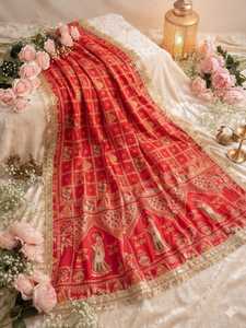 Sari Elegante de Diseño Bollywood Indio-Pakistaní, Saree Étnico Chic Rojo de Tela de Seda Dola Suave, Exclusivo y Moderno de Boutique India Nx - Product Image 6