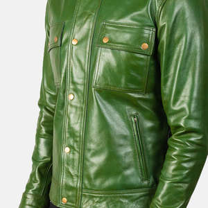 Vestes en cuir de vachette pour hommes, couleur vert foncé personnalisable, col montant, poches sur le devant, style boutonné en cuir véritable, vestes d'hiver - Product Image 6