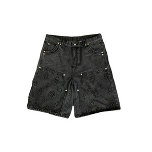 Short en jean pour homme, style hip-hop, personnalisé, vintage, taille mi-haute, délavé, effet usé, délavé à l'acide, avec strass - Product Image 1