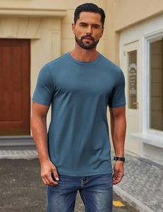 T-shirt à manches courtes pour homme, couleur unie, col rond, coupe classique, 100% coton jersey, respirant, vêtements décontractés, bleu - Product Image 5