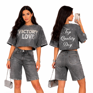 Conjunto de Top Corto Gris Lavado y Pantalones Cortos de Mezclilla para Mujer, Estilo Vintage, Casual, Veraniego, Conjunto de Dos Piezas - Product Image 1