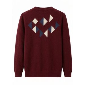 Pull jacquard géométrique color block pour homme, col en V bordeaux, tricot épais, chaud et décontracté, idéal pour le quotidien – Grande Vente - Product Image 2