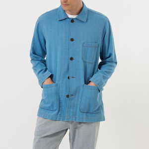 Chaqueta de Mezclilla Tejida Transpirable para Hombre, Cuello Camisero, Cierre de Botones, Corte Regular, Color Sólido, Prenda Exterior Formal de Algodón - Product Image 1