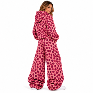 Ensemble de survêtement en molleton à imprimé floral rose pour femmes, sweat-shirt à capuche, pantalon large à jambes larges, tenue de détente en 2 pièces - Product Image 6