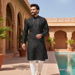 Kurta de Seda Romana para Hombre con Bordado de Espejo para Bodas y Fiestas - Product Image 1