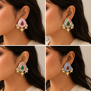 Luxury Hand Painted Meenakari <b>Stud</b> <b>Earrings</b> 18k Gold Plated Natural Emerald Ruby Polki Kundan Enamel <b>Earrings</b> Traditional <b>Fine</b> - Product Image 3