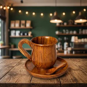 Handcrafted <b>Wooden</b> Coffee <b>Cup</b> with Saucer & Spoon Tea <b>Cup</b> Set Natural Wood Mug for Tea Coffee Home Kitchen Decor - Product Image 5