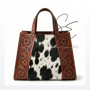 Handmade Tooled Leather Cowhide <b>Tote</b> Bag Western Floral Hair On Hide Shoulder Handbag for Women - Product Image 2