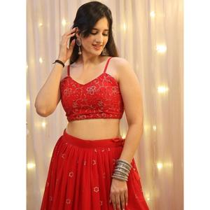 Glamorous <b>Red</b> <b>Sequins</b> Georgette Wedding Wear Lehenga Choli - Product Image 3
