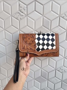 Hand Tooled Carving Leather Clutch Black White Checkered Pattern <b>Wristlet</b> Wallet Multi Uses Western Leather For Women Multi Uses - Product Image 5