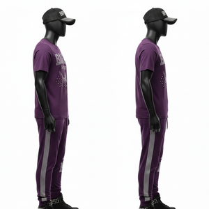 Ensemble t-shirt et pantalon de jogging pour homme en jersey de coton élasthanne GSM de haute qualité, avec bande latérale violette et logo en strass, 2 pièces. - Product Image 3