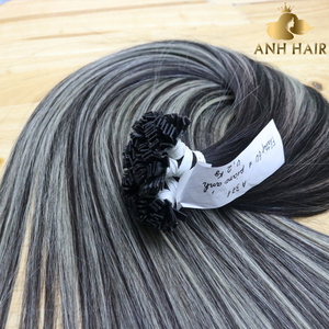 Extensiones de Cabello Liso con Punta Plana Gris, Trama Única, Cabello Humano Virgen Vietnamita Doble Trama Plateado y Negro, Adhesión de Queratina, Venta al por Mayor - Product Image 4