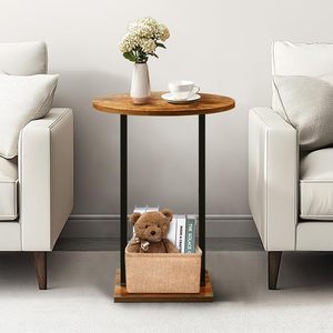 Table d'appoint ronde en bois avec panier en tissu, table d'appoint en bois pour canapé, table à boissons pour salon - Product Image 1