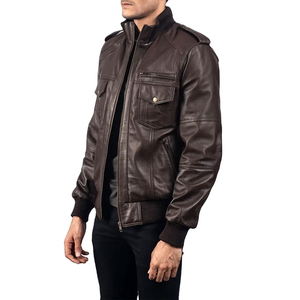 Men's <b>Brown</b> Genuine <b>Leather</b> Moto <b>Jacket</b> Stand Collar Zipper Closure Regular Fit Solid Color Autumn Winter Wear - Product Image 6