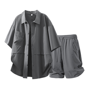 Ensemble chemise décontractée d'été 2 pièces pour homme, col carré, manches courtes, 100 % coton, motif floral, tissu tricoté 180G - Product Image 3