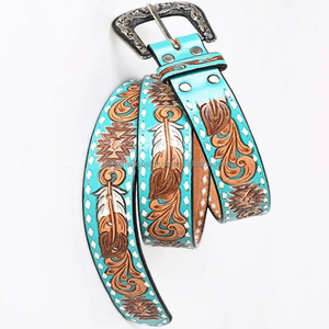 เข็มขัดหนังวัวแท้แบบตะวันตกสำหรับผู้ชายและผู้หญิงเข็มขัดเครื่องมือลายนูนขนนกเครื่องมือที่ดีที่สุดจากผัก - Product Image 1