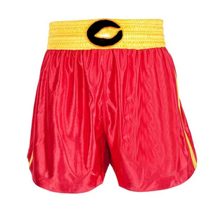 Shorts de Muay Thai en satin rouge de haute qualité avec ceinture jaune - Respirants, pour le kickboxing et le Sanda, parfaits pour l'entraînement professionnel - Product Image 1