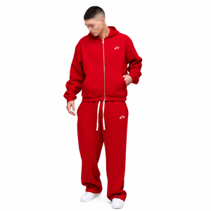 High Street Men's Red Full <b>Zip</b> <b>Hooded</b> Fleece Tracksuit Oversized Wide Leg Two Piece Hoodies Streetwear Custom Logo Bulk Supplier - Product Image 1