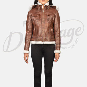 Chaqueta con Capucha de Cuero Genuino Marrón para Mujer, con Ribete de Piel Sintética Blanca, Corte Ajustado, Piel de Oveja Premium, Abrigo de Invierno Estilo Biker, a la Moda - Product Image 4