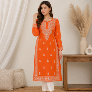 Kurti droit en coton brodé à la main style Lucknowi Chikankari, simple et élégant, tunique ethnique pour femme, Kurti orange - Product Image 1