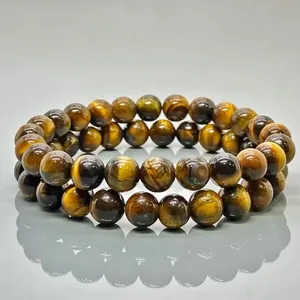 Pulsera Elástica de Cuentas de Piedra Ojo de Tigre Amarillo Natural de 8mm, Lisas y Redondas, Grado AA, Joyería Curativa al por Mayor - Product Image 3
