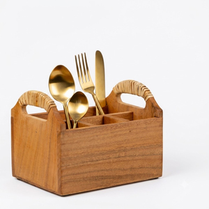 Premium Wood Cutlery Holder With Gold Metal Handles 4 Compartment Rustic Utensil Organizer <b>Caddy</b> For <b>Kitchen</b> Countertop Table - Product Image 2