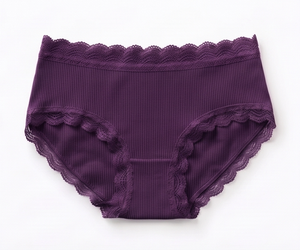 Women's Purple Wire-Free Bra And Hipster <b>Panty</b> Set With Lace Trim Mid-Rise Knitted Spandex Underwear - Product Image 3