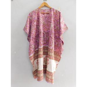 Handmade Cotton Kaftan <b>Tunic</b> Block Print Boho <b>Beach</b> Cover Batwing Sleeve V-neck Regular Fit Summer Eco-Friendly Natural Waist - Product Image 3