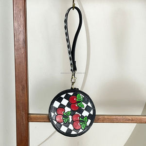 Western Cherry Round Coin Purse Checkered Wristlet for Women Handmade <b>Tooled</b> <b>Leather</b> Zipper Wallet Cute Checkerboard <b>Pouch</b> Bag - Product Image 4