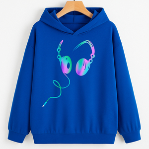 เสื้อสเวตเตอร์มีฮู้ด ยูนิเซ็กส์ สีน้ำเงินไล่เฉด พิมพ์ลายหูฟัง สวมใส่สบายๆ ในฤดูใบไม้ร่วง ทรงปกติ ผ้าถักโพลีเอสเตอร์ - Product Image 6