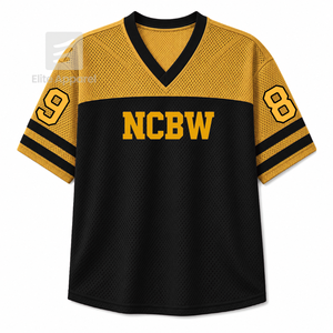 Camiseta personalizada NCBW Sorority con cuello en V, bloques de color, manga corta, negra y dorada, estilo casual para mujer, de malla de poliéster. - Product Image 1