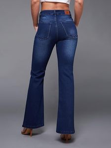 Jeans en denim évasé extensible taille haute pour femme, longueur normale - Product Image 2