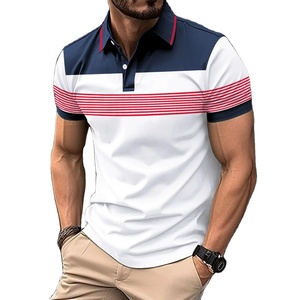 Camiseta de manga corta para hombre, Camiseta holgada de moda de negocios con botones estampados a rayas en contraste de Color, POLO de calle para hombre, superventas de 2025 - Product Image 1