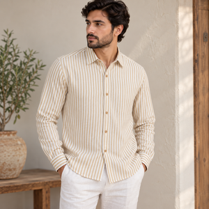 Camisa de Lino a Rayas para Hombre, Cuello Alto, de la Mejor Calidad, Ideal para Reuniones, Agradable al Tacto, de Secado Rápido, Transpirable, Oferta Personalizada de Verano - Product Image 1