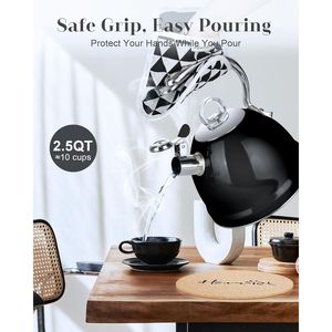 Tetera de acero inoxidable con silbato de 2.5 QT para estufa, base de 3 capas, mango ergonómico único, soporte para tetera, hervidor de agua - Product Image 2