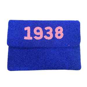 Bolso de mano con cuentas azul real 1938, hecho a mano con cuentas de semillas, bolso de noche, bolso de mano con letras griegas personalizadas, suministro al por mayor OEM - Product Image 1