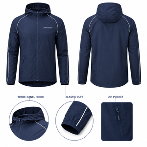 Men's Navy Hooded Sport Jacket Quick Dry Polyester <b>Zip</b> Front Elastic Cuff <b>Zip</b> Pockets Custom Logo Spring Wear - Product Image 1