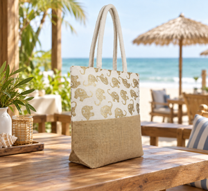 Elephant Print <b>Beach</b> <b>Tote</b> <b>Bag</b> 39x32x12 cm Jute Cotton Canvas 58 cm Handle Reusable Travel Shopping Custom Logo Wholesale ODM B2B - Product Image 4