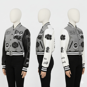 Custom Men's Fashion Varsity Patch Bomber <b>Jacket</b> High Quality Genuine Sheepskin Heavyweight Two Tone Black <b>White</b> Letterman Front - Product Image 6
