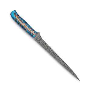 Couteau à fileter de précision artisanal en acier Damas, manche en résine hybride bleue motif pomme de pin, outil spécialisé - Product Image 2