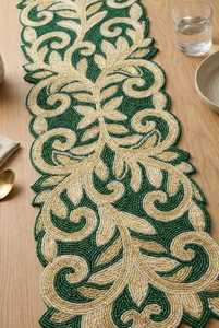 Handmade Luxury Customized Shape Fabric Table <b>Runner</b> <b>Green</b> Cream Embroidered Design Mats Pads Eco-Friendly Durable Lightweight - Product Image 2