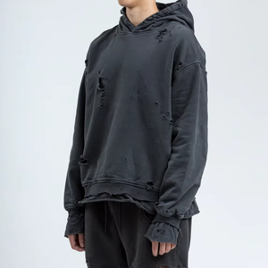 Sweat-shirt à capuche oversize court gris en molleton bouclette unisexe couleur unie avec poches effet délavé style automne - Product Image 3