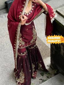 TOP SHARARA DUPATTA FANDY SILK REAL MIRROR SEQUNCE EMBROIDERY WORK LONG SLEEVE SUIT - Product Image 1