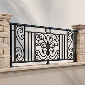 Barandilla Decorativa de Hierro Forjado Negro para Balcón con Pilares de Piedra y Adornos, para Terraza, Villa, Decoración Exterior - Product Image 1