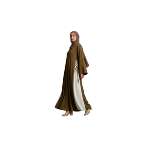 Abaya longue vert olive pour femme avec panneau blanc et détails lacés, coupe ample et modeste, en coton, pour usage quotidien, style Moyen-Orient - Product Image 1