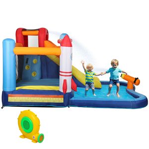 Struttura Gonfiabile 5 in 1 per Divertimento Acquatico con Scivolo, Piscina, Trampolino, Parete da Arrampicata e Cannone, con Soffiatore da 550W - Product Image 1
